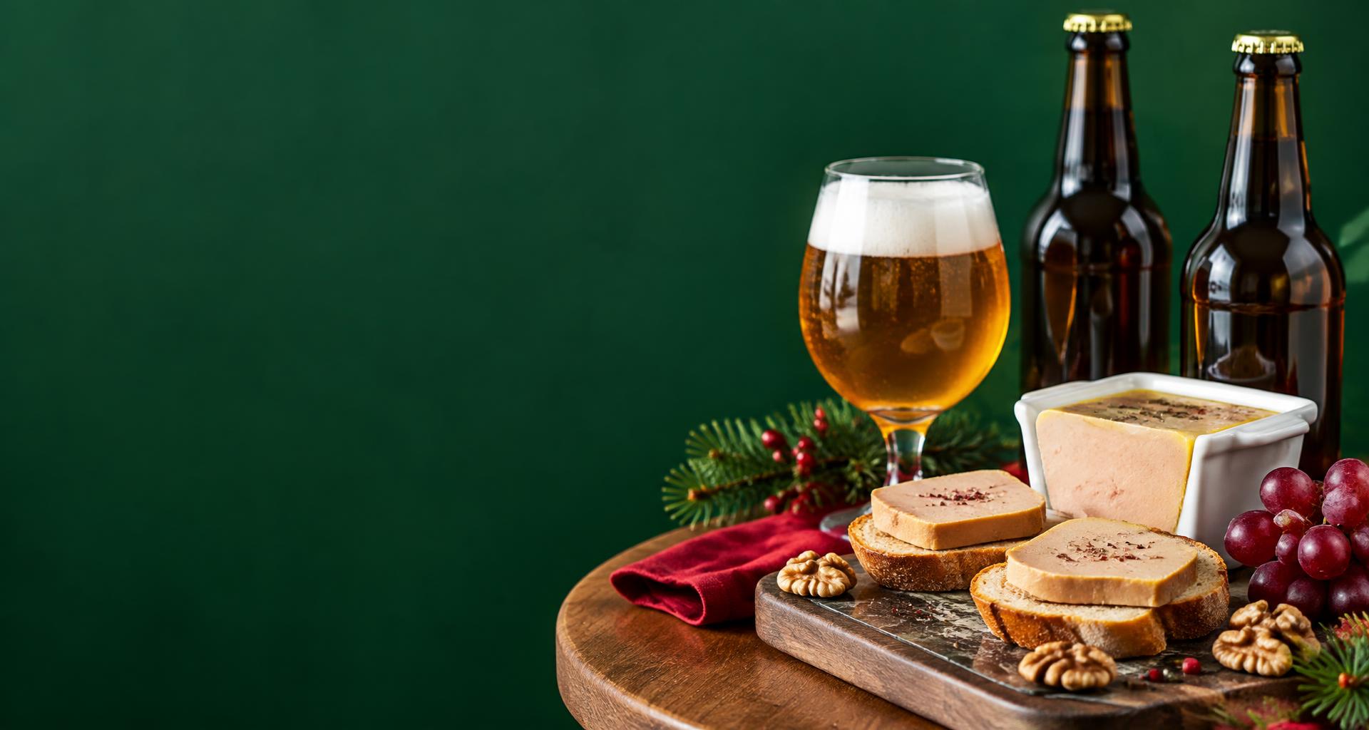 Table de fêtes avec bières et foie gras — illustration